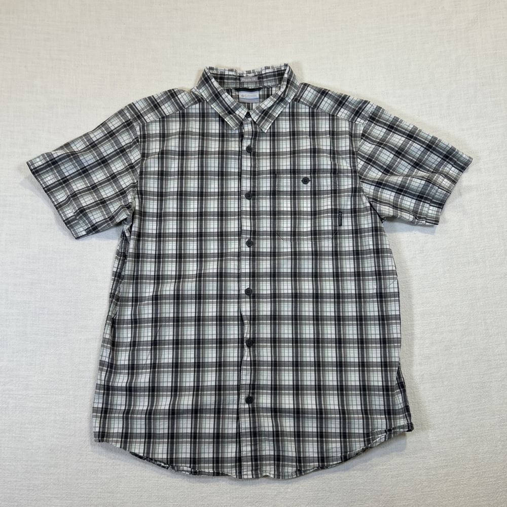 Columbia Shirt Mens Green Grey Plain Button Up Short Sleeve L Regular Fit
